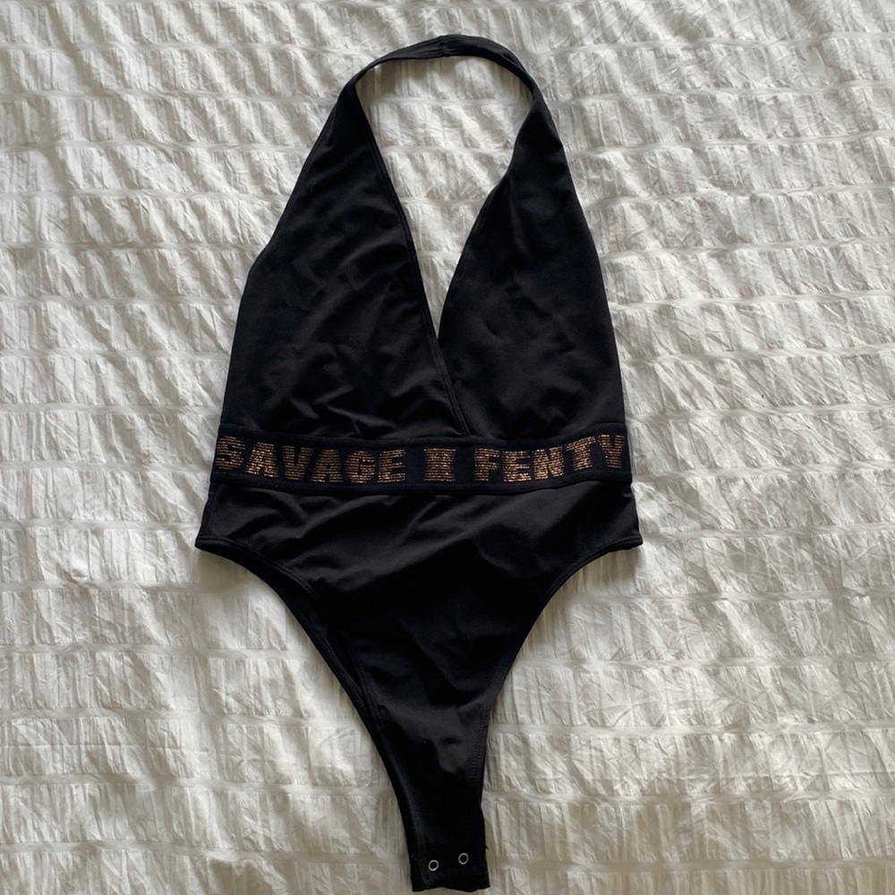 Savage fenty body suit with deep V and logo around waist